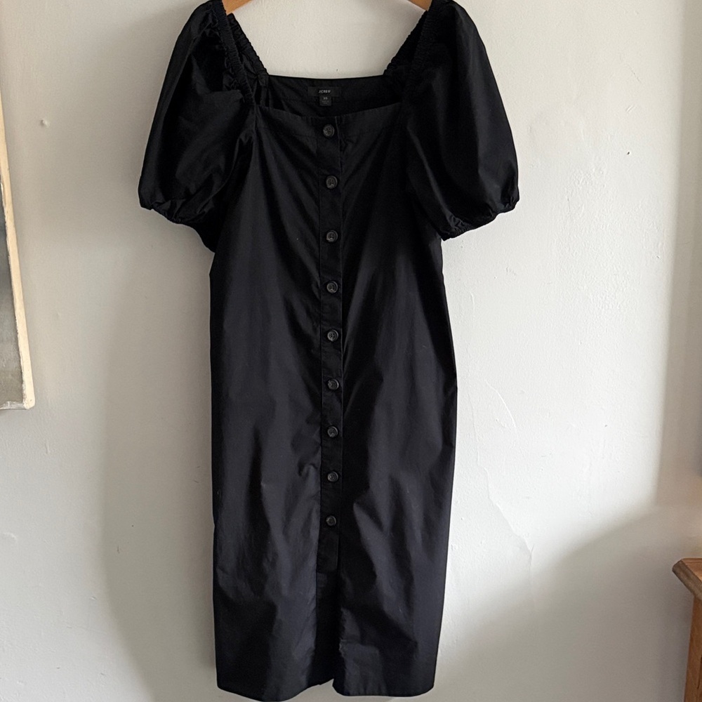 J. Crew Black cotton poplin Puff-Sleeve Button Midi Dress XS - Picture 2 of 8